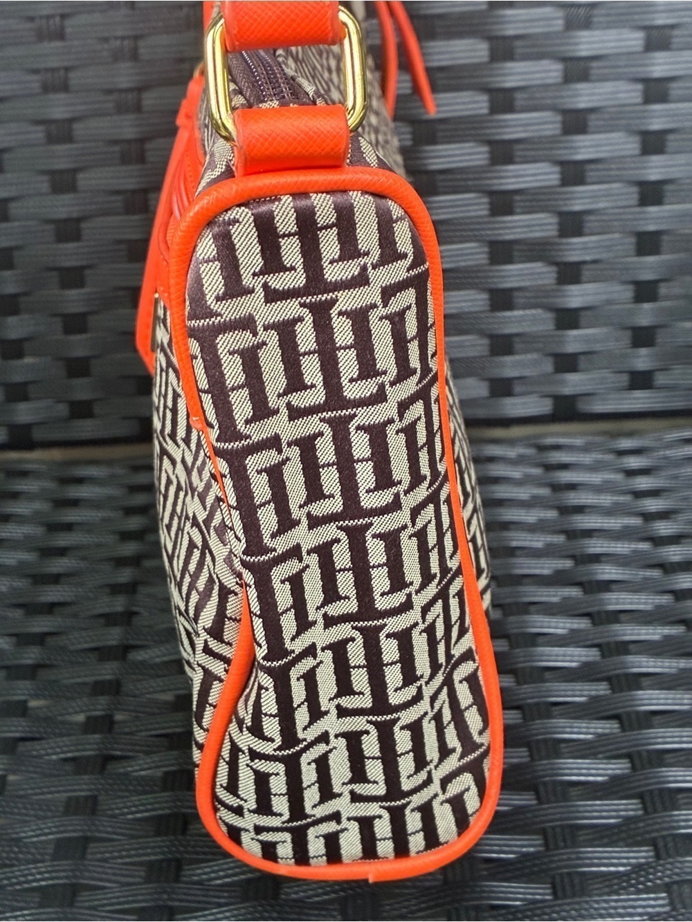 Tommy Hilfiger Brown Monogram Shoulder Bag with Orange Trim - Picture 8 of 11